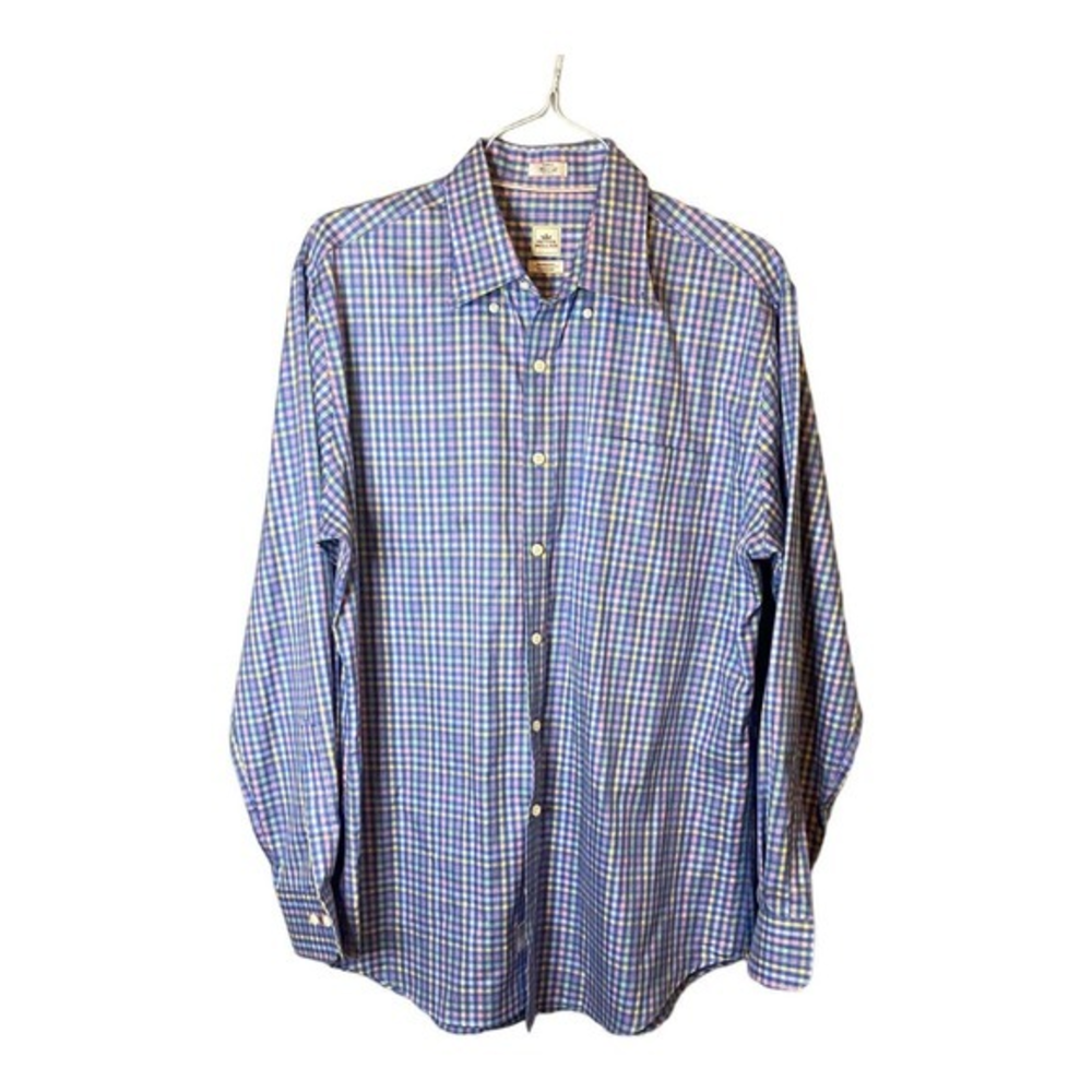 Peter Millar Blue Plaid Long Sleeve button Down Shirt Nanoluxe Easycare Large